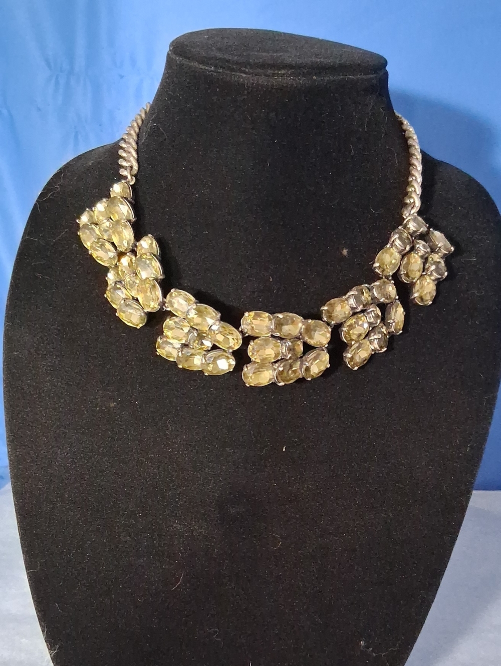 Vintage Smoky Crystal J Crew Statement Necklace Heavy Chain Spring Ring Closure